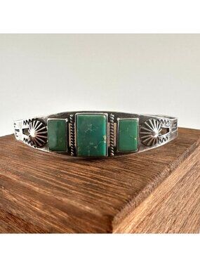 Fred Harvey Era Sterling Silver Green Turquoise Cuff Bracelet Vintage Navajo